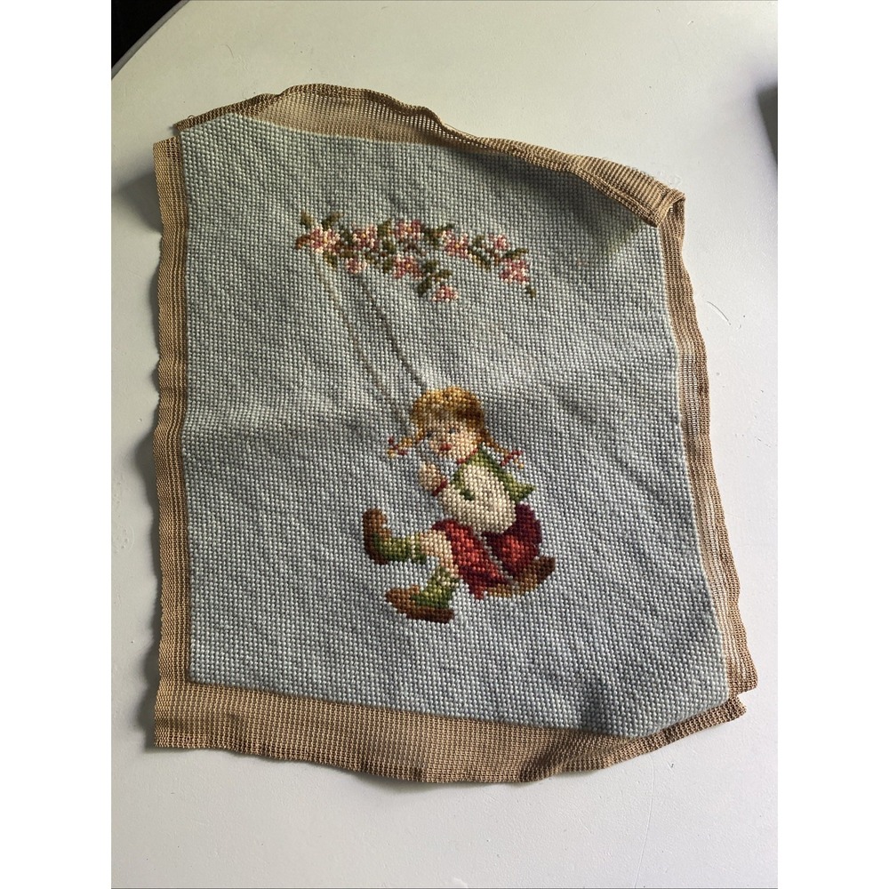 Vintage Blonde Girl Pigtails Round Needlepoint Finished Bucilla